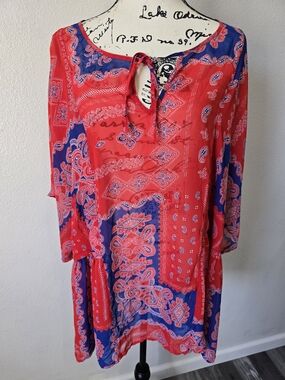 Lane Bryant Blouse Womens 26/28 Printed Chiffon Top Red Blue Plus Flowy Keyhole